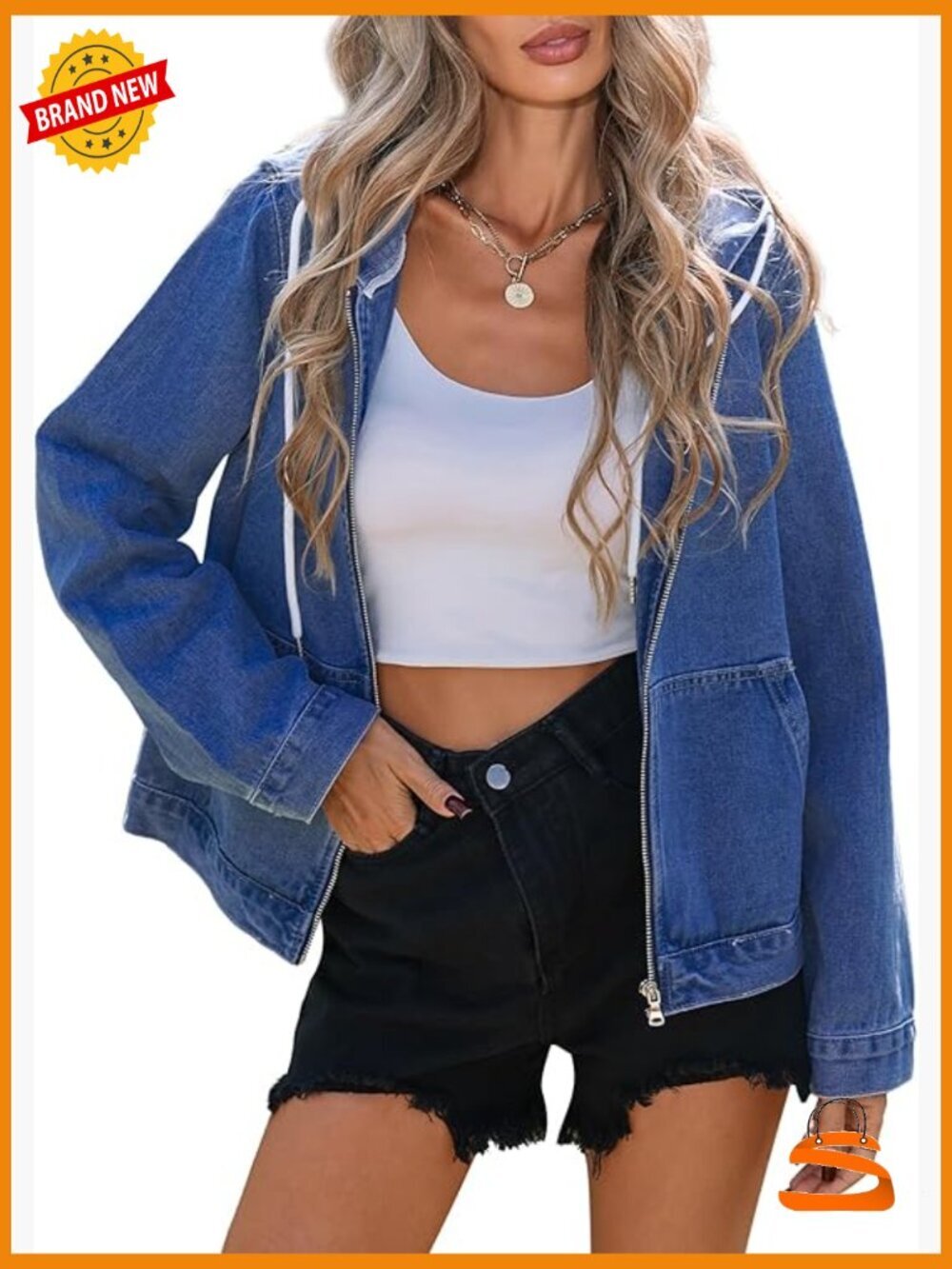 Womens Hoodie Denim Jacket Long Sleeve Zip Up Boyfriend Jean Coat